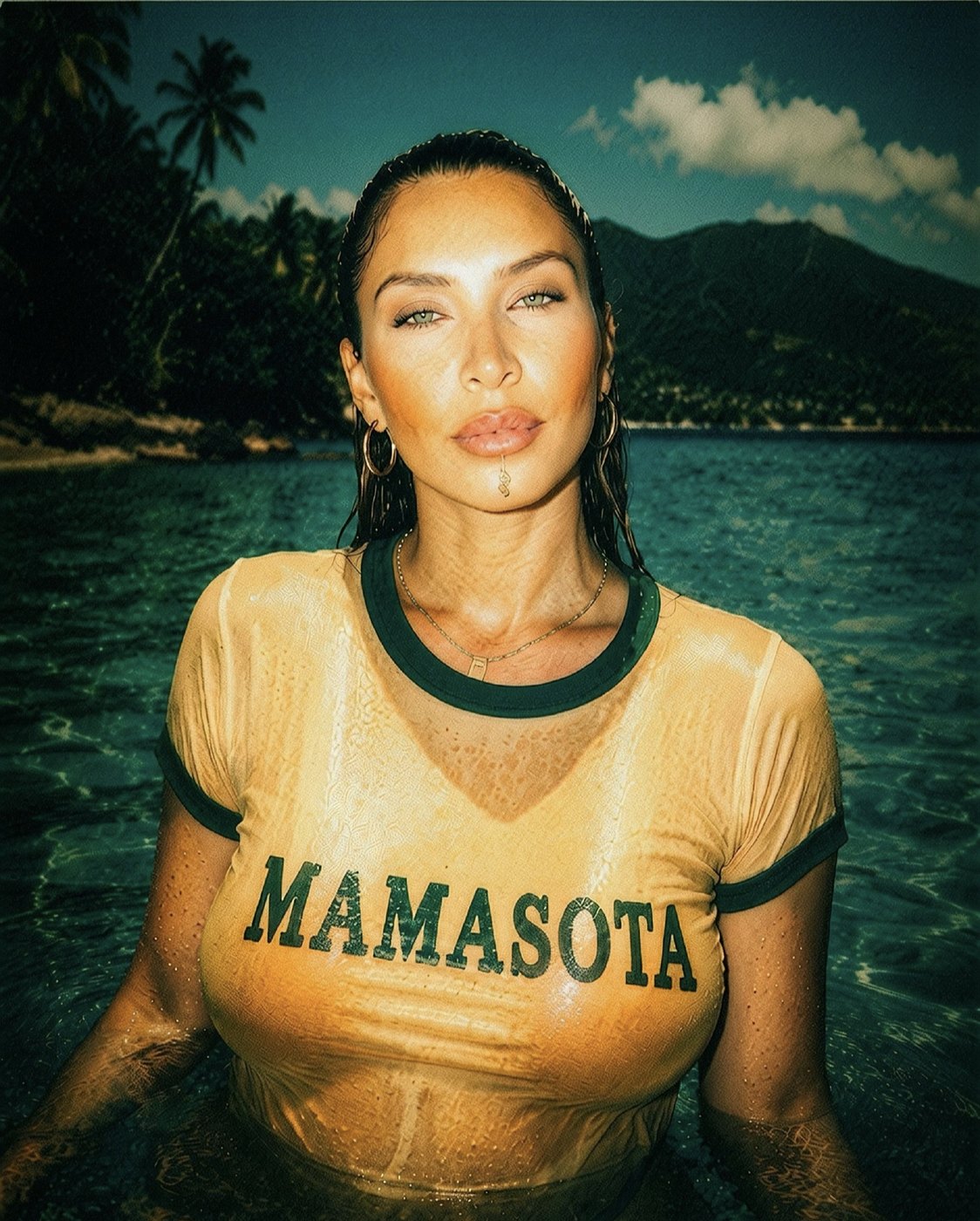 Model wearing the MAMASOTA organic ringer tee beside the water
